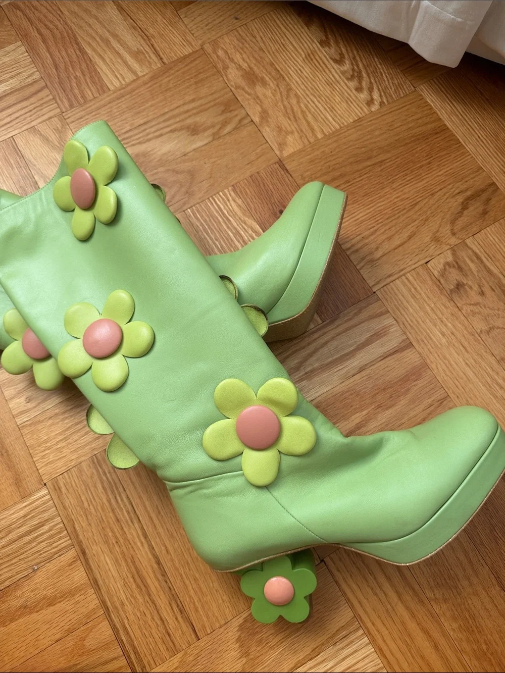 L’Atelier De Charlotte Green Flower Appliqué Platform Knee-High Boots